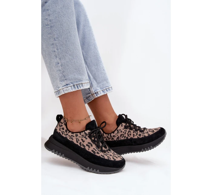Semišové zateplené dámské tenisky na platformě model 21707621 Panterka Černé - VINCEZA