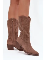Ažurové Kozačky Na Podpatku Tmavě Béžové model 21708366 - Boto