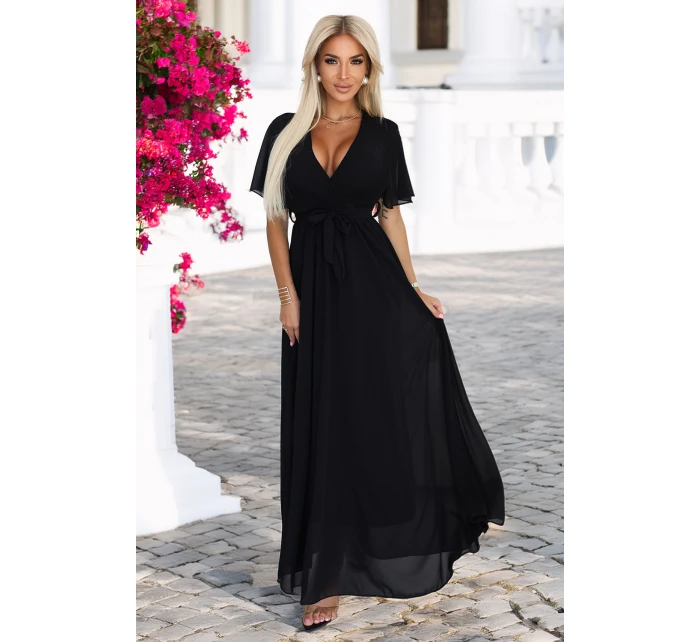 545-5 Dlouhé šaty se skládaným výstřihem a vázáním - ČERNÁ