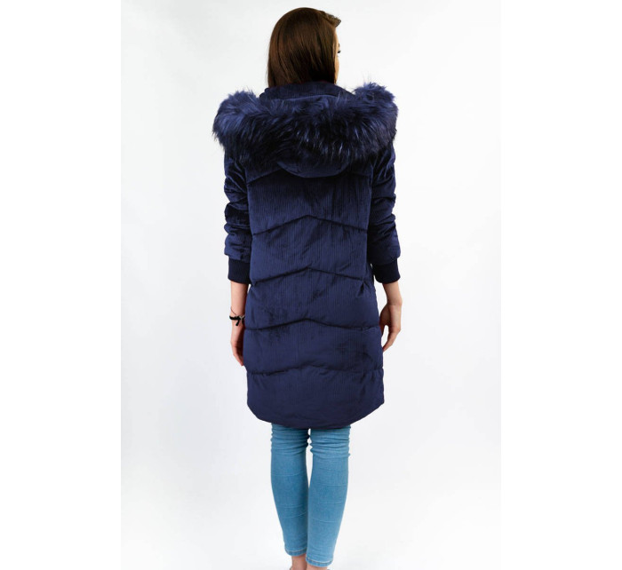 Tmavě modrá manšestrová dámská zimní bunda s kapucí (7764)