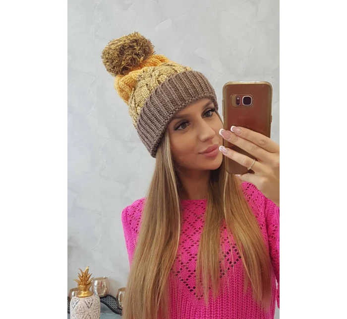 Dámská čepice s bambulí Abigail K326 cappuccino+yellow Dámská čepice s bambulí Abigail K326 cappuccino+yellow