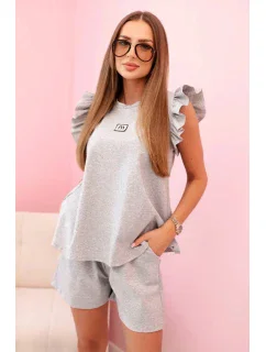 Dámský komplet s volánem – halenka s krátkým rukávem a šortky s gumičkou Šedý melír