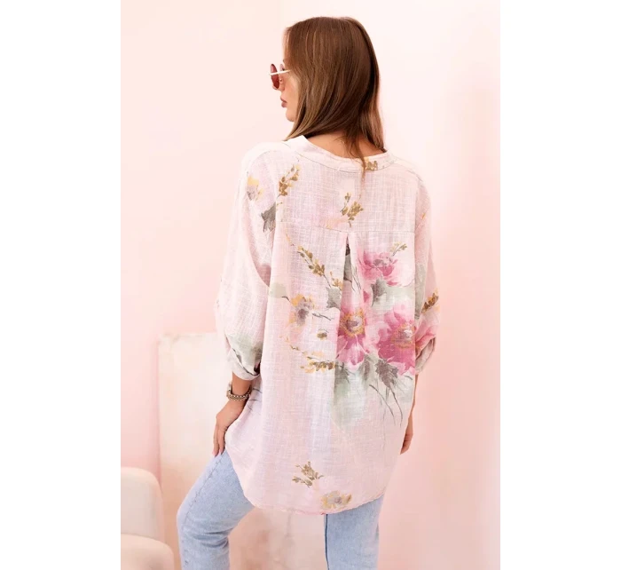 Dámská blůza z bavlny s květinovým vzorem a knoflíky pudrově růžová
