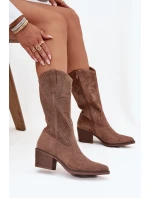 Dámské perforované kozačky Olivette – kovbojky na podpatku – tmavě béžové Dámské perforované kozačky Olivette – kovbojky na podpatku – tmavě béžové