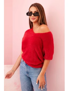 Dámský svetr z měkkého model 21291585 materiálu s výstřihem do V krátkým rukávem bordový - K-Fashion