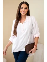 Dámská viskózová blůza s límečkem a potiskem s kamínky cukrově růžová Dámská viskózová blůza s límečkem a potiskem s kamínky cukrově růžová