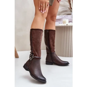 Zateplené Kozačky Na Plochém Podpatku S Ozdobnou Přezkou Hnědé Leatharia
