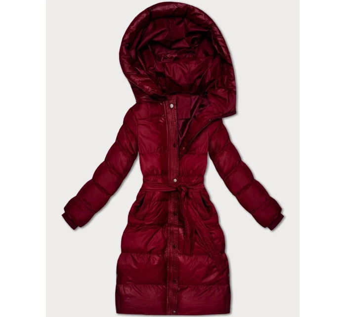 Prošívaná zimní bunda ve vínové bordó barvě s páskem model 21748216 - J.STYLE