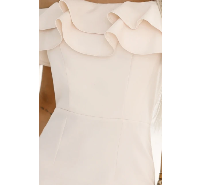 599-1 CARMEN Přiléhavé midi šaty ve španělském stylu - béžové