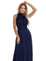 636-2 VERONICA luxusní dlouhé šaty s brokátovým akcentem a elegantním střihem - námořnická modř