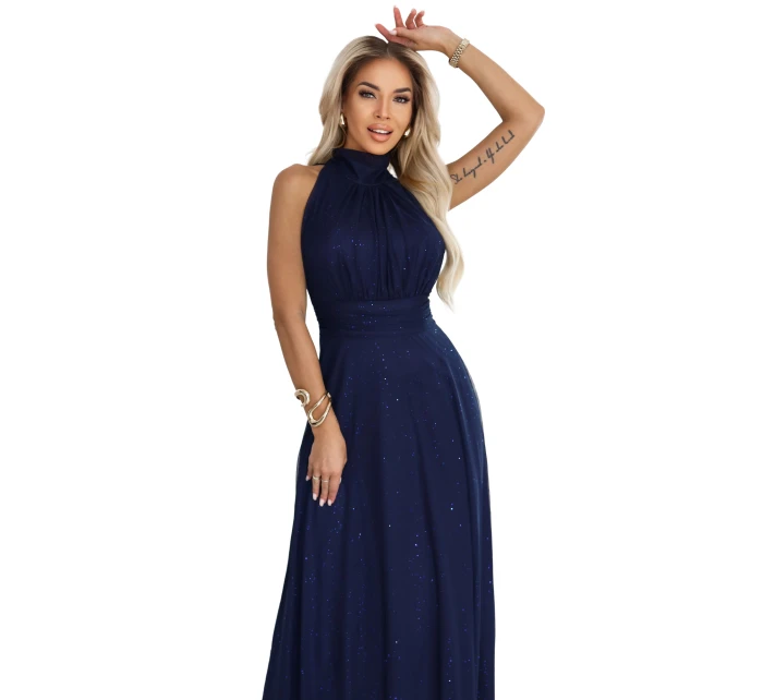 636-2 VERONICA luxusní dlouhé šaty s brokátovým akcentem a elegantním střihem - námořnická modř