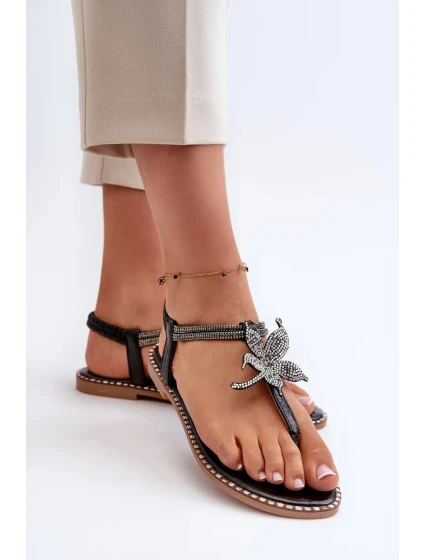 Dámské ploché sandály s ozdobnou květinou, Black Edoni Dámské ploché sandály s ozdobnou květinou, Black Edoni