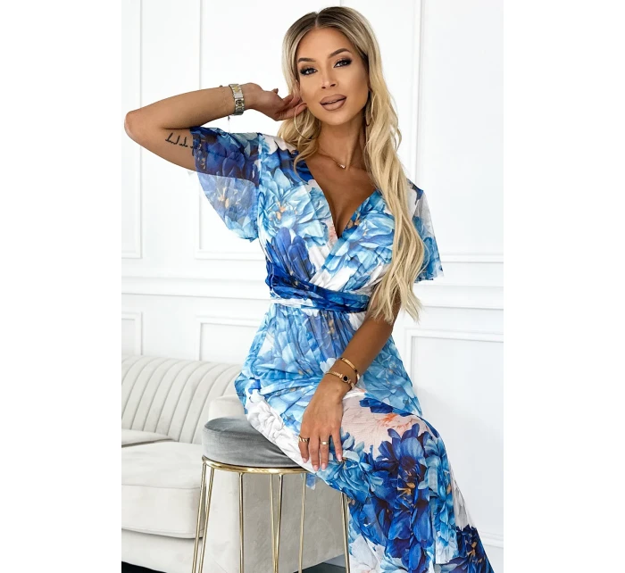 489-2 CINZIA Šaty s výstřihem, dlouhým zavazováním v pase a krátkými rukávy - modré LARGE FLOWERS - síťovina