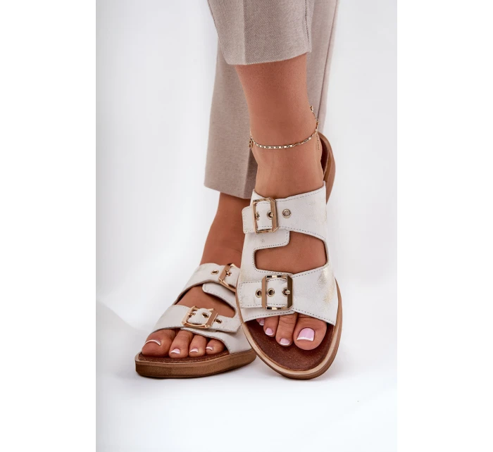 Kožené Ploché Pantofle S Přezkami Zazoo 3020 Zlaté Ošoupané