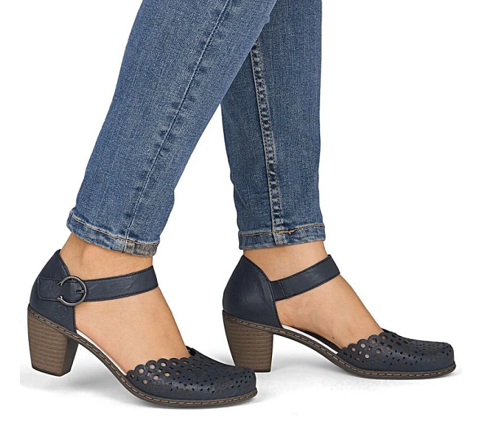 Dámské kožené sandály na jehlovém podpatku pohodlné ažurové tmavě modré Rieker 40902-14