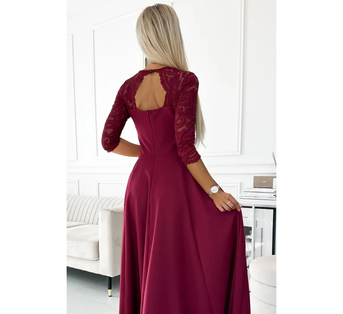 309-9 AMBER elegantní dlouhé maxi šaty s krajkovým výstřihem - Bordeaux