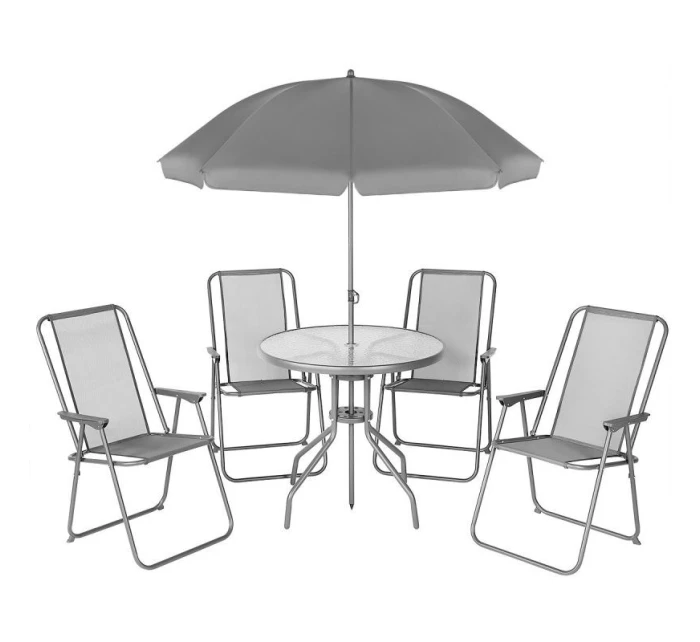 SADA ZAHRADNÍHO NÁBYTKU KULATÝ STŮL 4 ŽIDLE A SLUNEČNÍK TMAVĚ ŠEDÁ SADA ZAHRADNÍHO NÁBYTKU KULATÝ STŮL 4 ŽIDLE A SLUNEČNÍK TMAVĚ ŠEDÁ