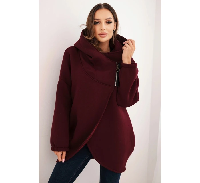Dámská zateplená mikina s kapucí a asymetrickým zipem bordová