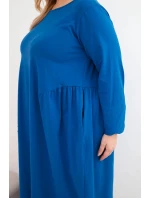 Dámská plus size bavlněná šaty s dlouhým rukávem a nařasením v pase chabrová