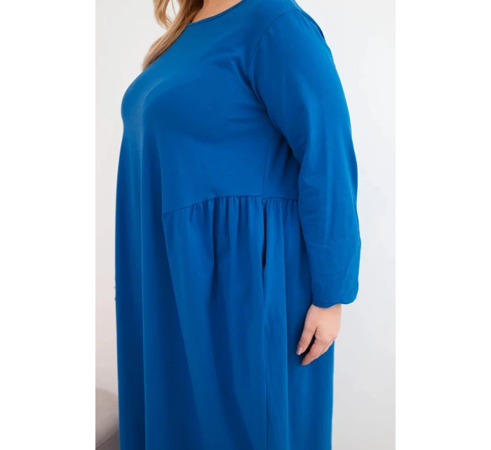 Dámská plus size bavlněná šaty s dlouhým rukávem a nařasením v pase chabrová