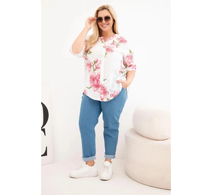 Dámská bavlněná halenka Plus Size s výstřihem do V s květinovým vzorem bílá