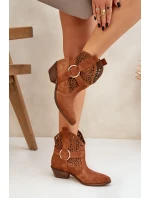 Zamszowe Botki Kowbojki Ażurowe Na Obcasie Zazoo 2994 Camel