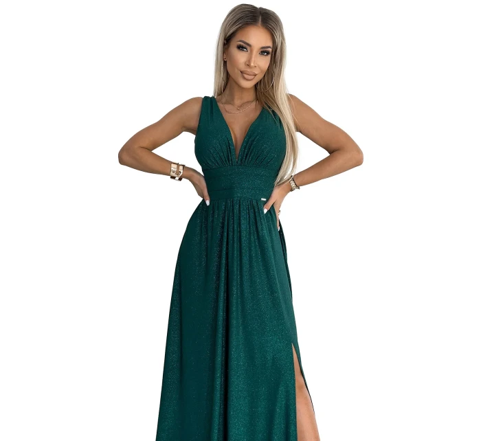 490-3 SUSAN Dlouhé brokátové šaty s výstřihem a prošíváním v pase - BOTTLE GREEN 490-3 SUSAN Dlouhé brokátové šaty s výstřihem a prošíváním v pase - BOTTLE GREEN