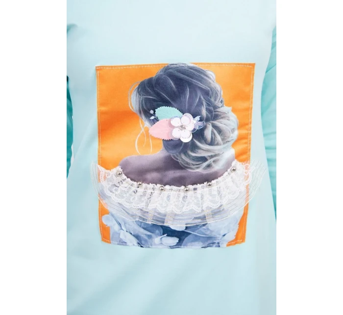 Šaty s 3D grafikou, mátová krajka