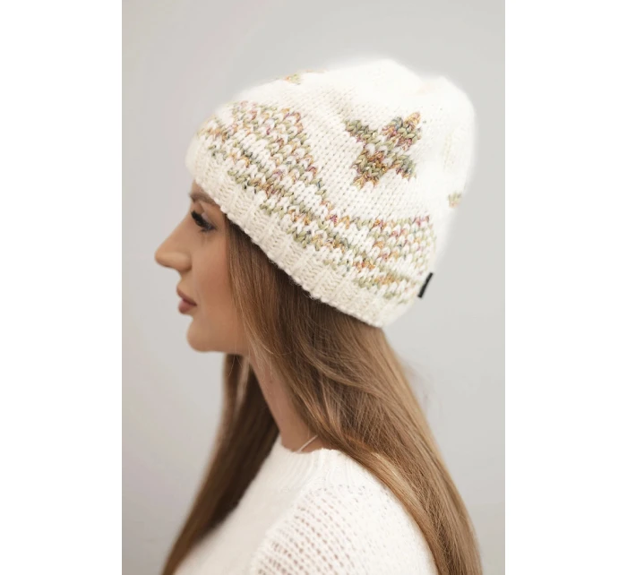 Dámská zimní čepice z vlny a s barevným vzorem model 21753185 ecru - K-Fashion