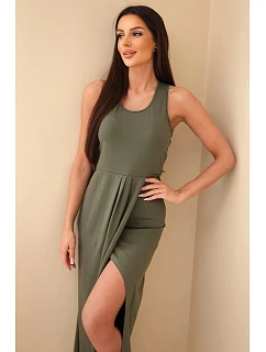 Dámské bavlněné midi šaty bez rukávů s řasením khaki
