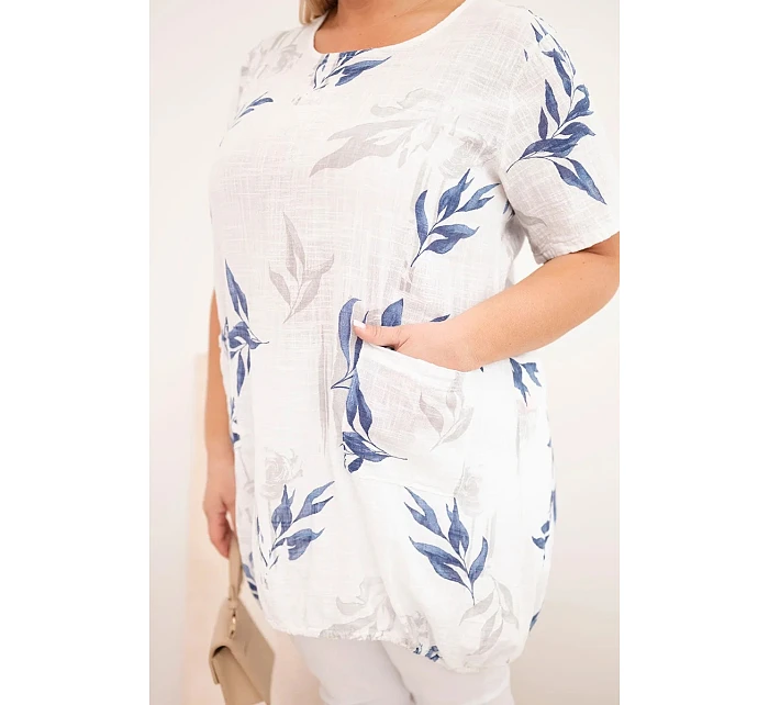 Dámská bavlněná halenka Plus Size s krátkým rukávem a vázáním dole bílá