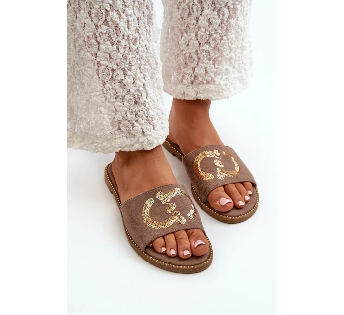 Dámské ploché pantofle s flitry S.Barski Hnědá Dámské ploché pantofle s flitry S.Barski Hnědá