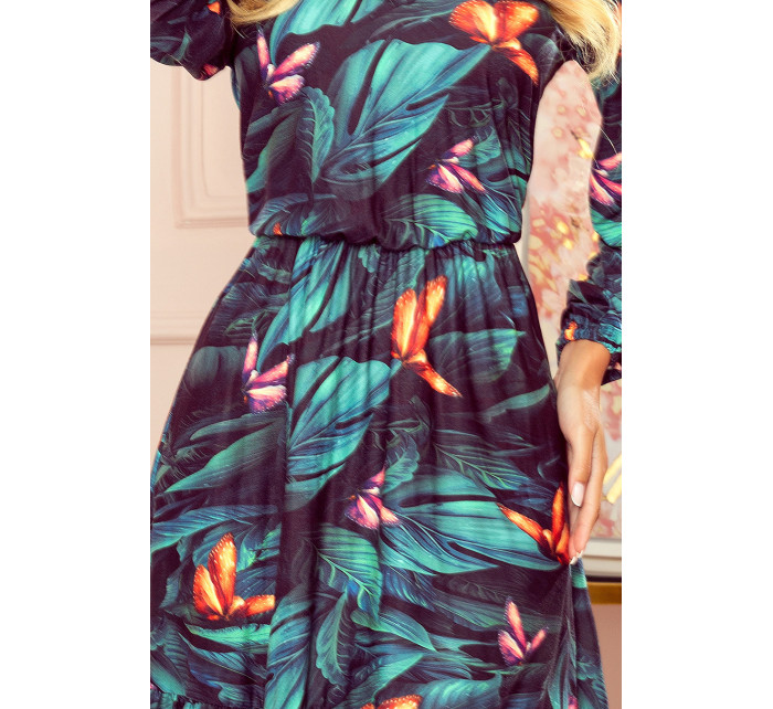CORA - Dámské šaty s dekoltem, volánkem a se vzorem barevných motýlů 320-1