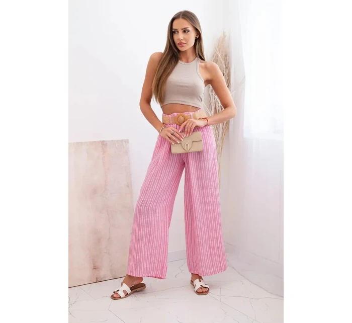 Dámské pruhované viskózové kalhoty se širokými nohavicemi růžový
