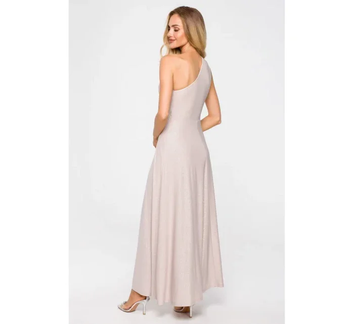 M718 Maxi šaty na jedno rameno - šampaňské
