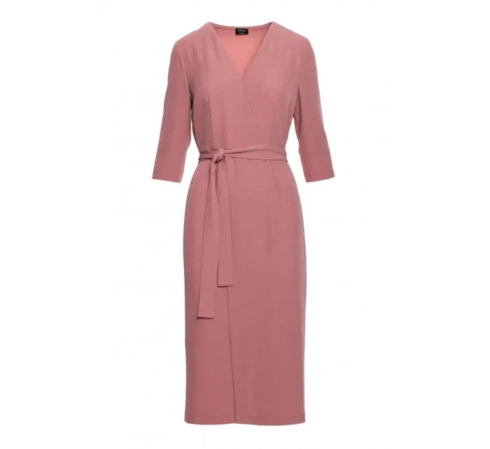 S396 Šaty se zavinovacími detaily ve střední délce - růžové