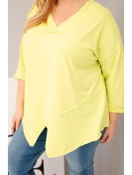 Dámská bavlněná blůza Plus Size s hlubokým V výstřihem a asymetrickým spodním lemem žlutá neon