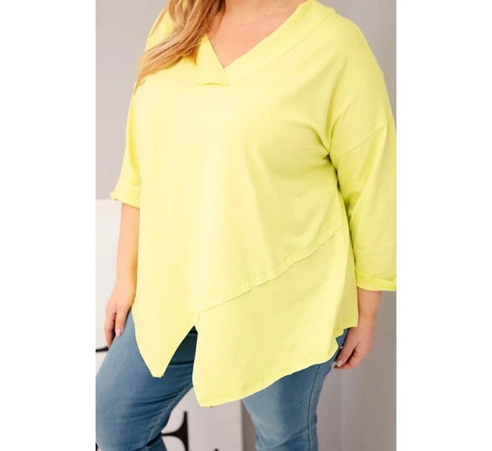Dámská bavlněná blůza Plus Size s hlubokým V výstřihem a asymetrickým spodním lemem žlutá neon