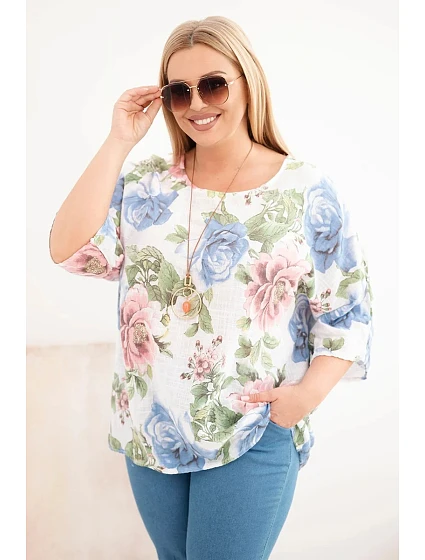 Dámská bavlněná halenka Plus Size s krátkým rukávem a květinovým vzorem bílá