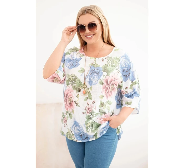 Dámská bavlněná halenka Plus Size s krátkým rukávem a květinovým vzorem bílá