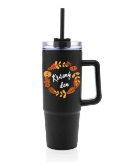 KRÁSNÝ DEN (PODZIM) - černý cestovní termohrnek s průhledným víčkem 900 ml  
