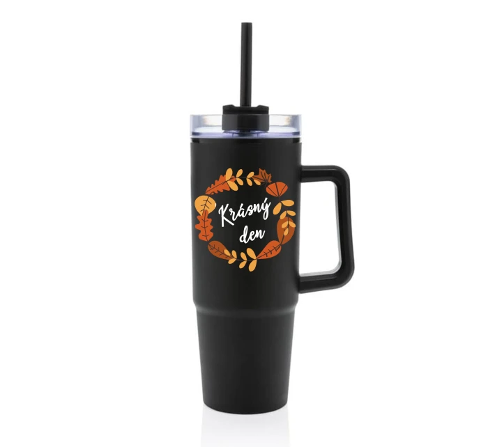 KRÁSNÝ DEN (PODZIM) - černý cestovní termohrnek s průhledným víčkem 900 ml KRÁSNÝ DEN (PODZIM) - černý cestovní termohrnek s průhledným víčkem 900 ml