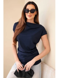 Dámská žebrovaná halenka z viskózy s model 22030154 výstřihem a nařasením tmavě modrá - K-Fashion
