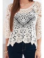 Dámský bavlněný prolamovaný svetr s krátkým rukávem a ozdobným vzorem béžový