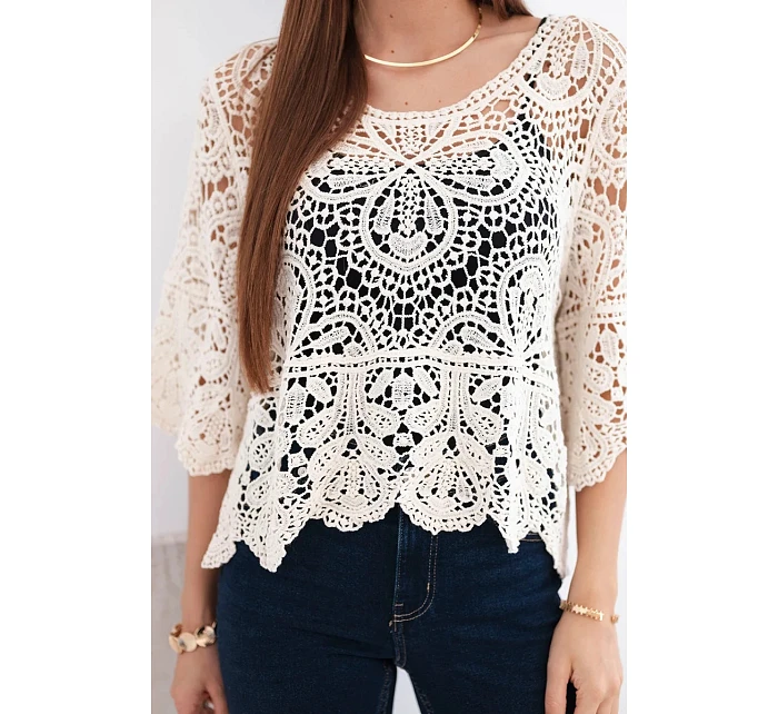 Dámský bavlněný prolamovaný svetr s krátkým rukávem a ozdobným vzorem béžový