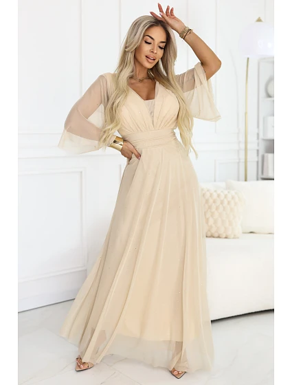654-2 Dlouhé třpytivé plus size šaty s výstřihem a průhlednými rukávy - šampaňsko-béžové 654-2 Dlouhé třpytivé plus size šaty s výstřihem a průhlednými rukávy - šampaňsko-béžové