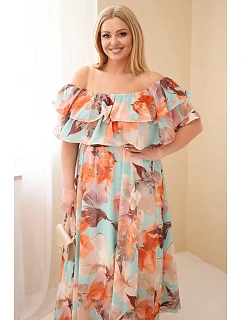 Dámské šaty plus size s volánem a odhalenými rameny, s elastickým pasem maxi mátová