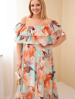 Dámské šaty plus size s volánem a odhalenými rameny, s elastickým pasem maxi mátová