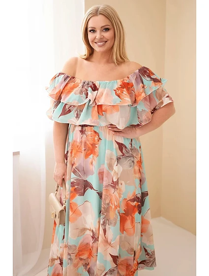 Dámské šaty plus size s volánem a odhalenými rameny, s elastickým pasem maxi mátová