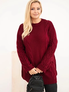 Dámský svetr Plus Size s copánkovým vzorem bordó červená